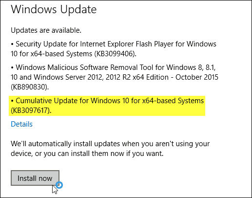 Aggiornamento di Windows 10 KB3097617