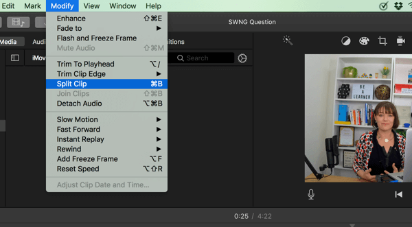 In iMovie, dividi il video in segmenti selezionando Modifica> Dividi clip.