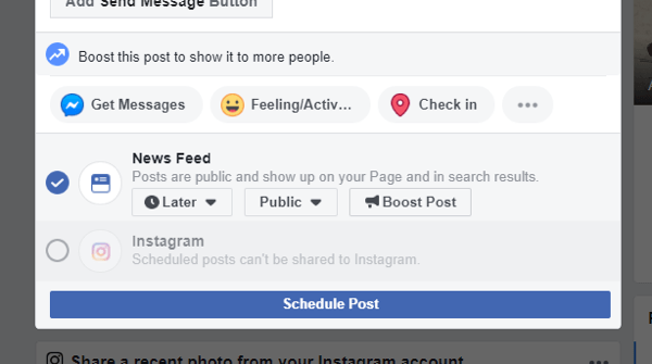 Come eseguire il cross-post su Instagram da Facebook sul desktop, esempio dell'opzione cross-post su Instagram non più disponibile quando si pianifica un post su Facebook