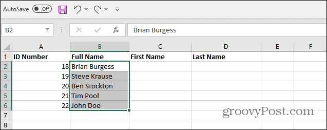 Seleziona i nomi dall'elenco Excel