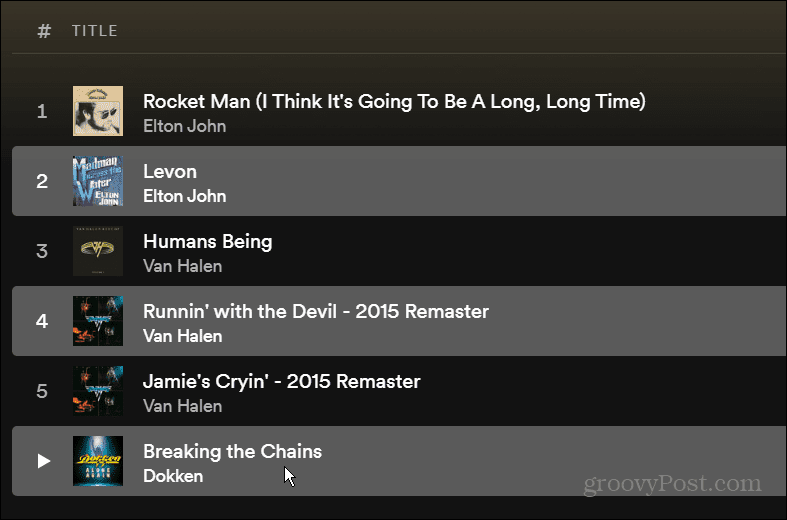 singoli brani nella playlist di Spotify