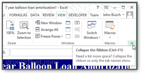 collapse ribbon in excel 2013