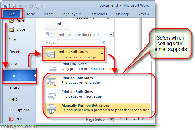 Lo screenshot di Micosoft Word 2010 regola le impostazioni di stampa per stampare su entrambi i lati