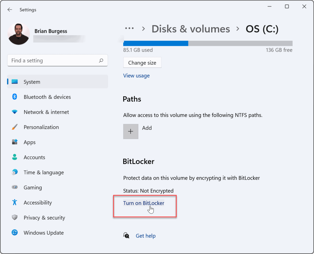 Attiva bitlocker usa la crittografia bitlocker in Windows 11