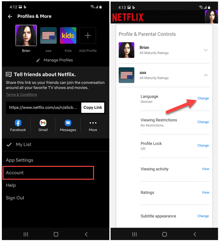 Account dell'app Android di Netflix