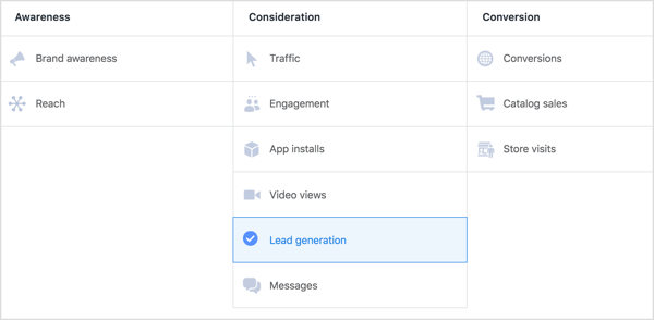 Seleziona Lead Generation come obiettivo per la tua campagna Facebook.