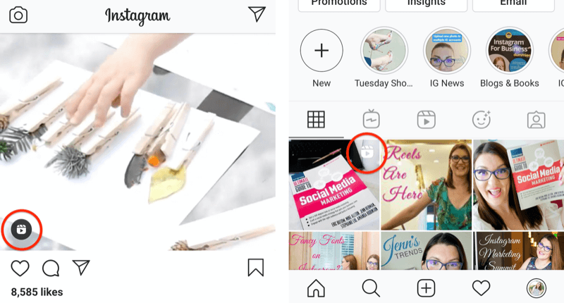 icona di bobine di Instagram mostrata su un feed post e su un quadrato della griglia del profilo