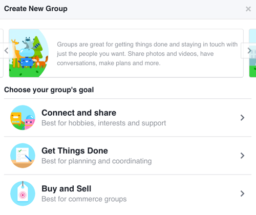 Per creare un gruppo Facebook incentrato sulla costruzione di una comunità, seleziona Connetti e condividi.