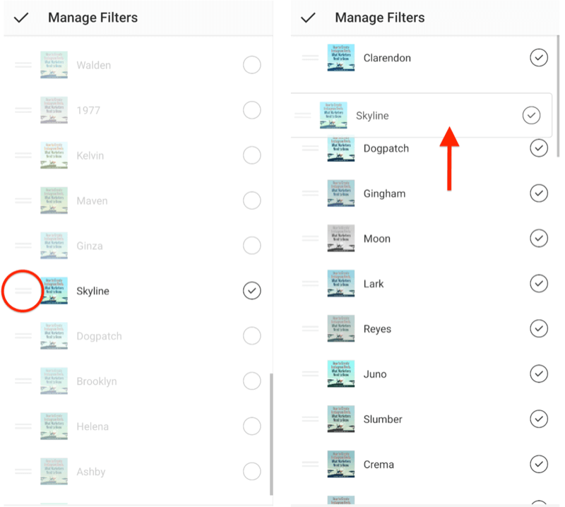 gestire le opzioni di menu dei filtri di Instagram mostrando barre di selezione orizzontali doppie accanto ai filtri che consentono da riordinare e mostra il filtro skyline trascinato in cima alla selezione del filtro elenco