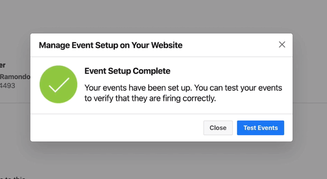 Pulsante Test Events in Facebook Events Manager