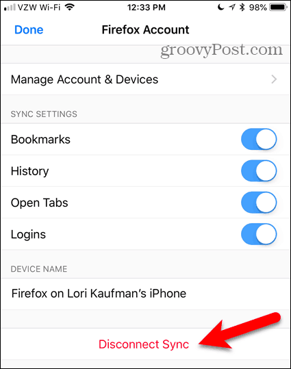 Tocca Disconnect Sync in Firefox per iOS