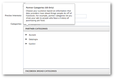ampie categorie di partner di Facebook