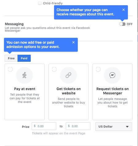 Facebook sembra testare l'opzione per consentire alle persone di porre domande tramite Facebook Messenger, aggiungere gratuitamente o opzione di ingresso a pagamento per un evento e imposta una fascia di prezzo per i biglietti durante la configurazione di un evento Facebook Pagina.