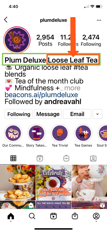 esempio di profilo Instagram per @splumdeluxe che mostra le parole chiave "prugna deluxe" e "tè in foglie sfuse" nella biografia della loro pagina, consentendo loro di apparire bene nei risultati di ricerca