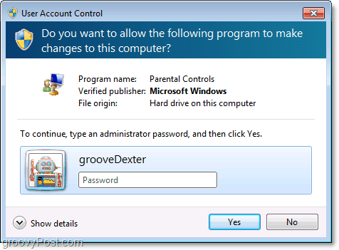 puoi ignorare una limitazione del controllo genitori in Windows 7 inserendo una password amministratore