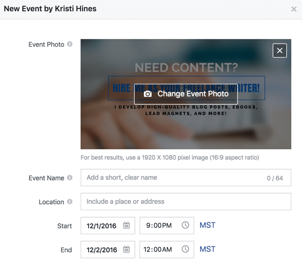 Compila questi dettagli per creare un evento Facebook.