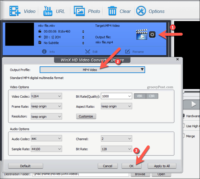 Modifica delle impostazioni del profilo di output per un file di output WinX