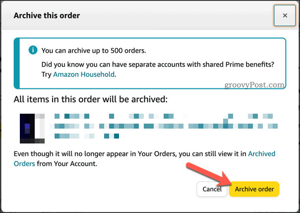 Conferma dell'archiviazione dell'ordine su Amazon