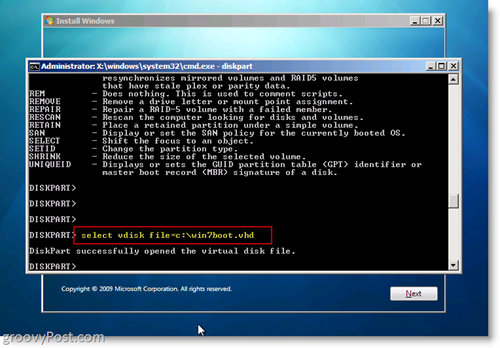 VHD nativo di Windows 7 Installa Dual Boot Seleziona VHD dal prompt CMD