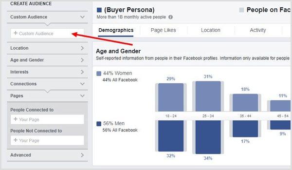 In Facebook Audience Insights, seleziona un pubblico personalizzato che hai creato.