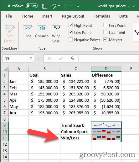 Sparkline Win / Loss in Excel