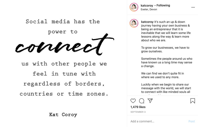 esempio di un post di citazione di Instagram con testo principalmente in caratteri a blocchi con alcune parole nel testo dello script per enfatizzare