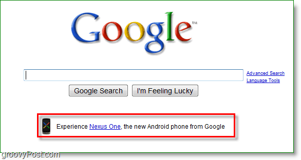Nexus one viene pubblicizzato sulla home page di Google.