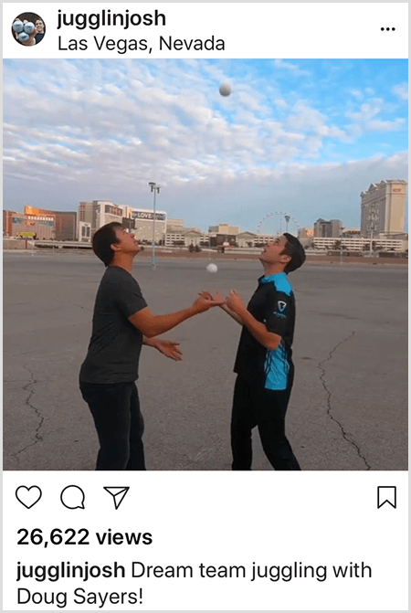 Una foto Instagram di Josh Horton della collaborazione con Doug Sayers. La parte superiore del post individua la foto a Las Vegas, Nevada. Due uomini bianchi stanno in un lotto vuoto uno di fronte all'altro mentre guardano le palle che stanno giocolando.