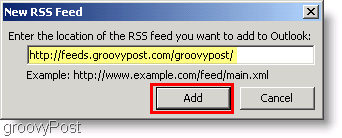 Schermata Microsoft Outlook 2007 - Digita il nuovo feed RSS