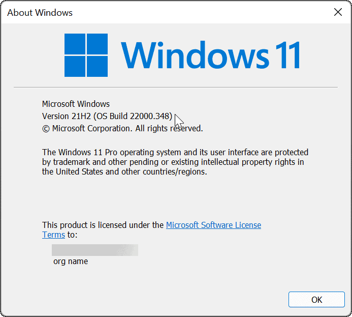 Versione e build di Windows 11 tramite il comando winver