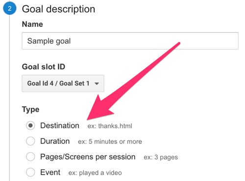 seleziona la destinazione come tipo di obiettivo in Google Analytics