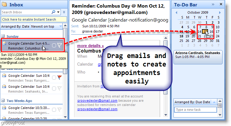 Barra delle cose da fare di Outlook 2007: trascina e-mail sul calendario