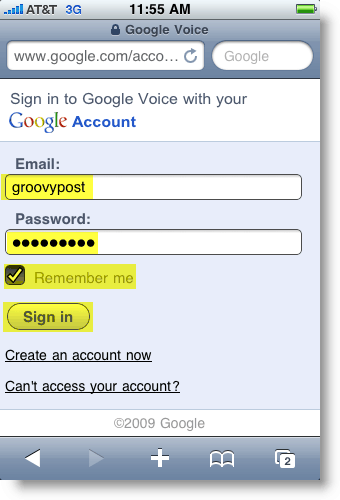 Pagina di accesso di Google Voice Mobile