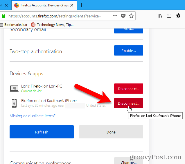 Disconnetti un dispositivo usando Firefox per Windows