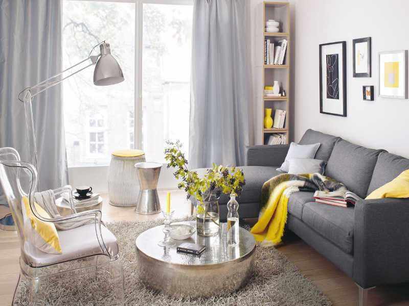 decorazione soggiorno giallo grigio