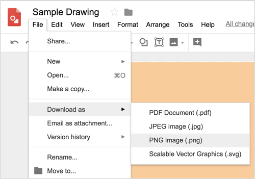 Scegli File> Scarica come> Immagine PNG (.png) per scaricare il tuo progetto di Disegni Google.