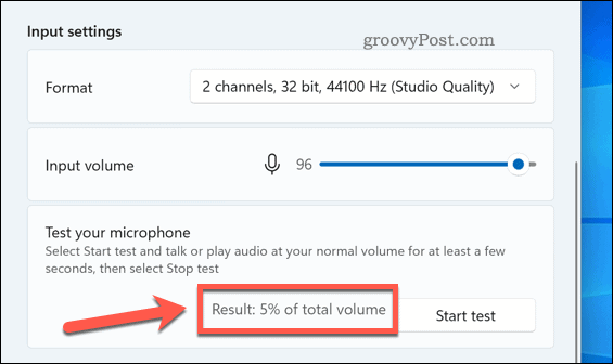 La percentuale del risultato di un test del microfono su Windows 11