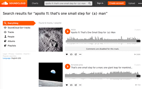 Cerca i file multimediali della NASA su SoundCloud per trovare e scaricare l'audio di momenti storici iconici come la prima passeggiata sulla luna.