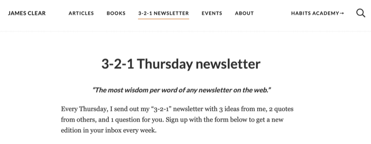 James Clear 3-2-1 pagina della newsletter sul sito web