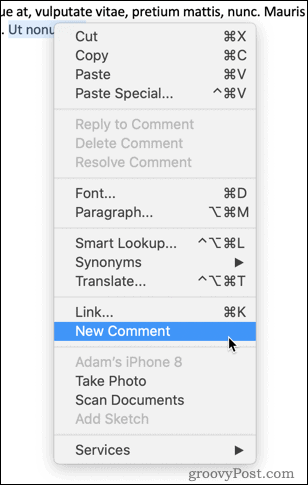 Fare clic con il tasto destro del mouse per inserire un commento in Word
