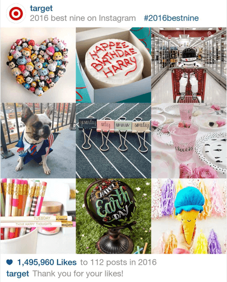 Ecco un esempio dei primi nove post su Instagram di Target nel 2016.