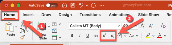 Icone per modificare il testo in pedice o apice in PowerPoint su Mac