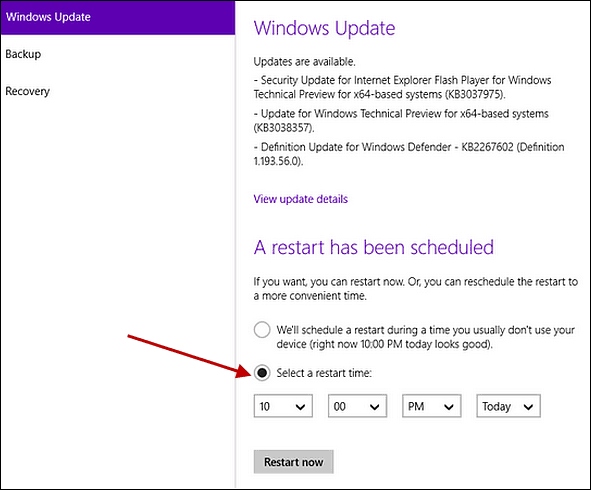 Pianifica Windows Update Si riavvia in Windows 10