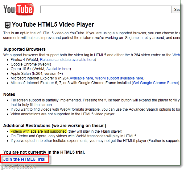 Opt-in HTML5 di YouTube