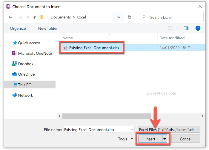 Selezione di un documento Excel esistente da inserire in OneNote