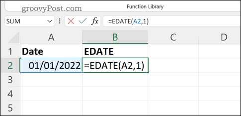 Digitando una formula EDATE nella barra della formula in Excel