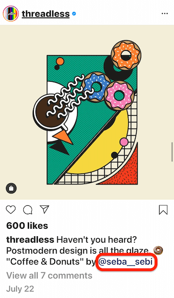 post di instagram di @threadless che mostra una @menzione di @ seba-sebi nella didascalia del post