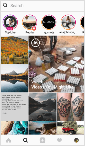 Instagram Live nella scheda Cerca ed Esplora