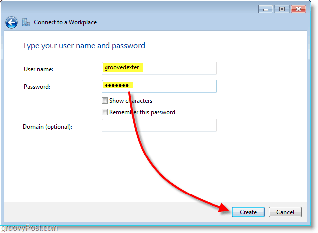 digitare il nome utente e la password, quindi creare la connessione in Windows 7