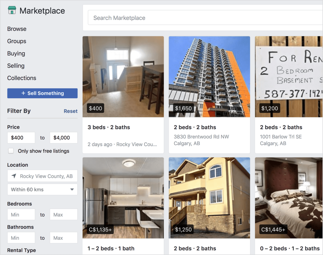 Facebook Marketplace offre proprietà in affitto in vendita.